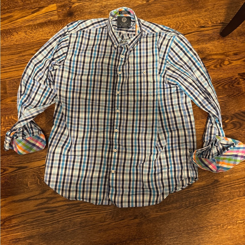 Viyella No-Iron Cotton Button-Down Shirt – Blue Plaid – XL